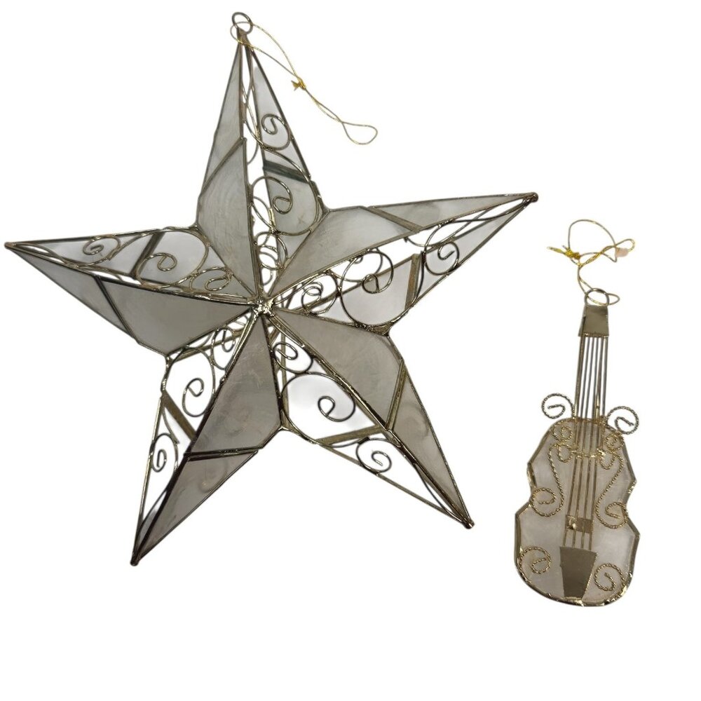 Vintage Capiz Shell Star Violin Christmas Holiday Ornament Lot